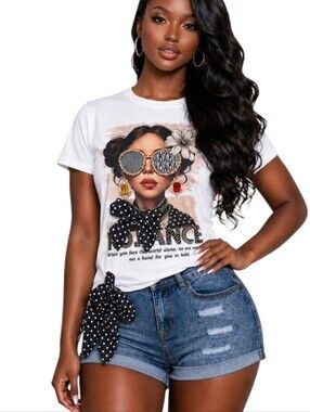 White Embellished Fashionista Graphic Short Sleeve Top L